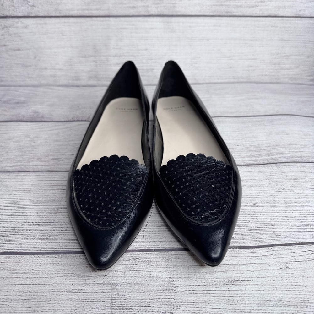 Cole Haan Black Pointed Leather Flats with Scallop Detail